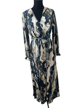 SHEIN Blue Marble Print Belted Long Sleeve Maxi Dress m
